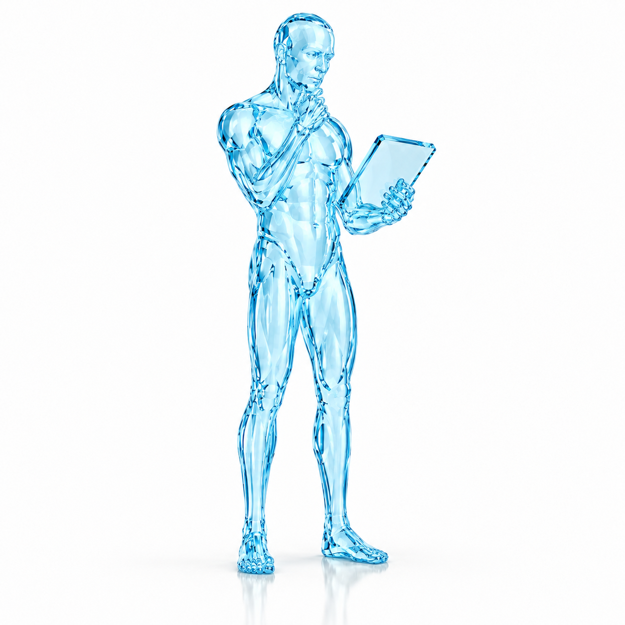 Blue glass human figure holding a tablet